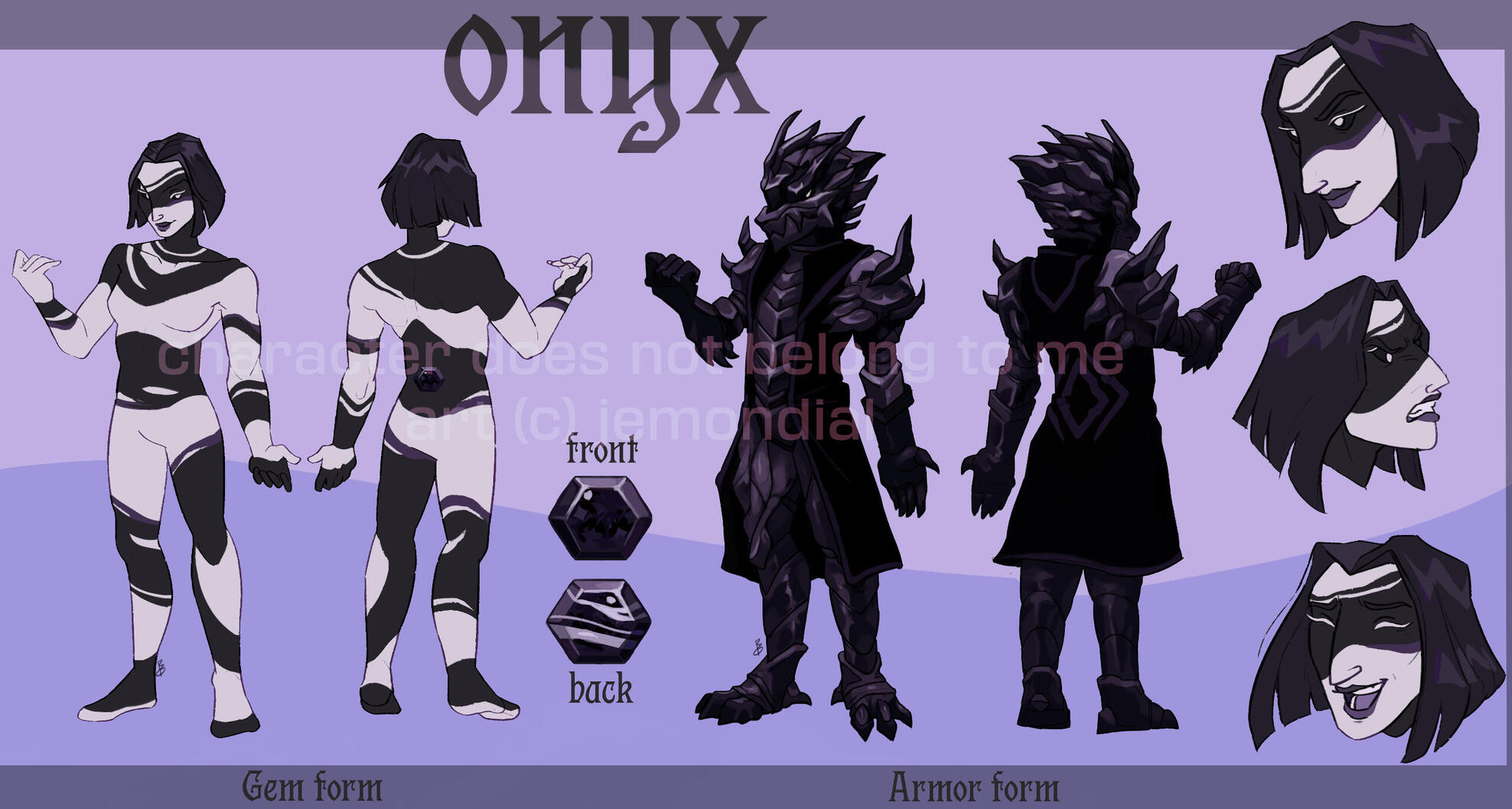 (Redesigned by me) Front-view + 2 back-views + alternate outfit + 2 items + 3 expressions + labels + name + shading (on outfit)